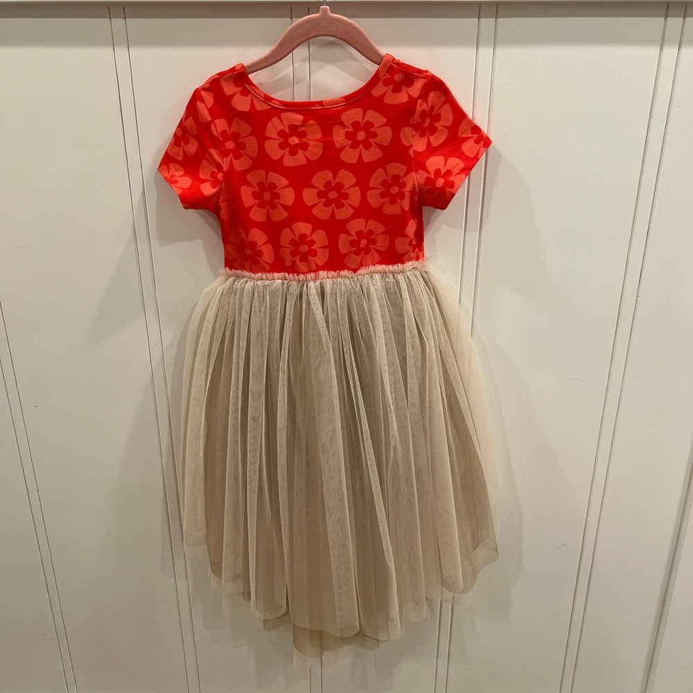 Charming Red Floral Kids Dress with Cream Tulle Skirt - Picture 2 of 3